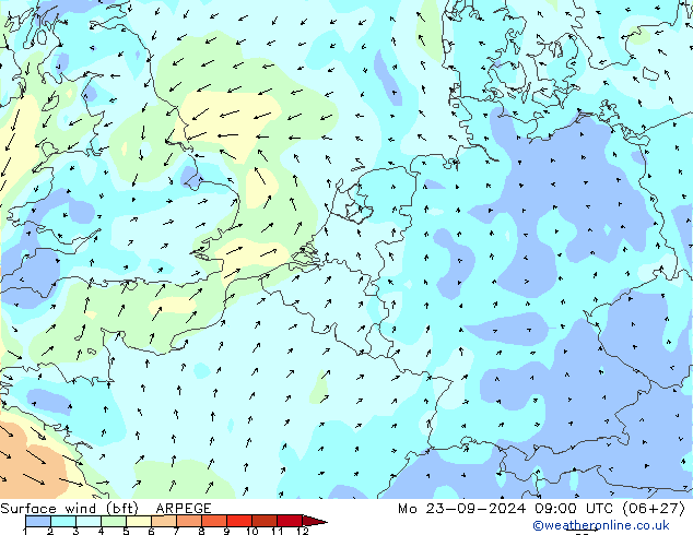 ве�Bе�@ 10 m (bft) ARPEGE пн 23.09.2024 09 UTC