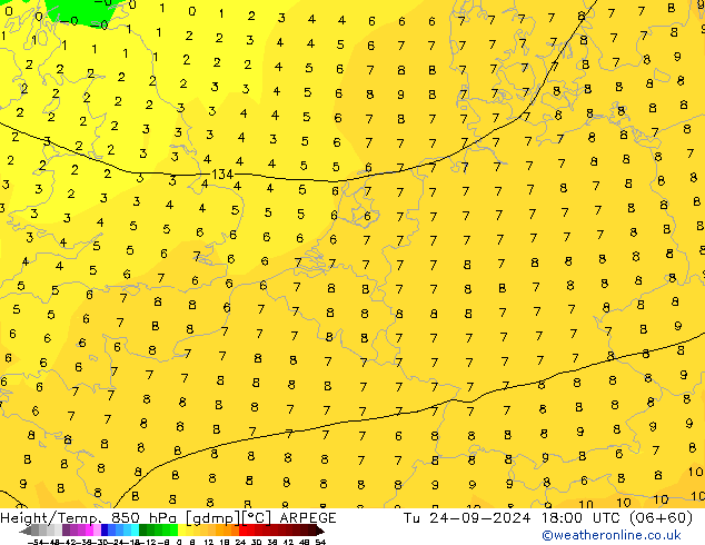 Height/Temp. 850 hPa ARPEGE Ter 24.09.2024 18 UTC