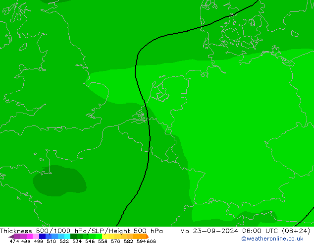 Espesor 500-1000 hPa ARPEGE lun 23.09.2024 06 UTC