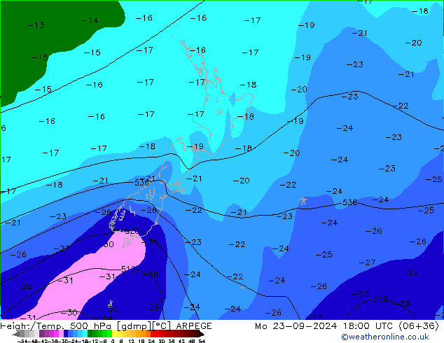 Height/Temp. 500 hPa ARPEGE Seg 23.09.2024 18 UTC