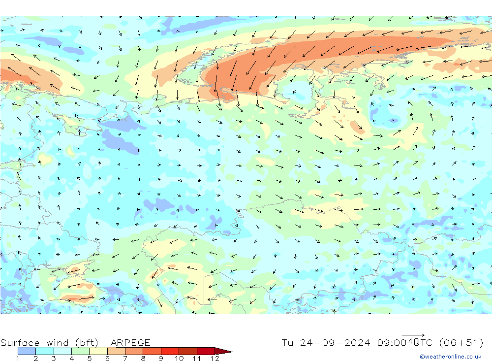 Wind 10 m (bft) ARPEGE di 24.09.2024 09 UTC