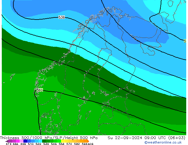 Thck 500-1000hPa ARPEGE Su 22.09.2024 09 UTC