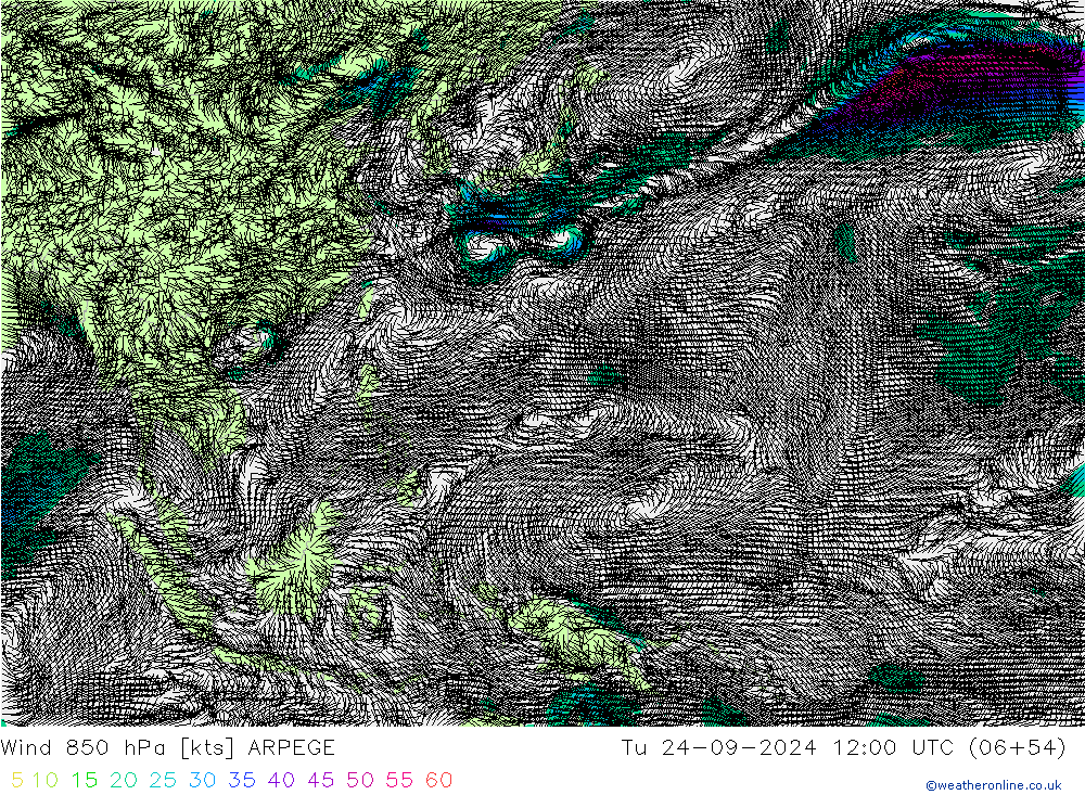 Vento 850 hPa ARPEGE mar 24.09.2024 12 UTC