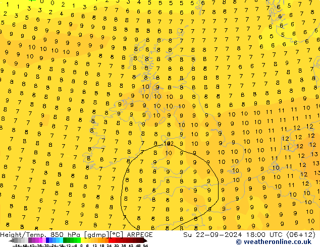 Height/Temp. 850 hPa ARPEGE dom 22.09.2024 18 UTC