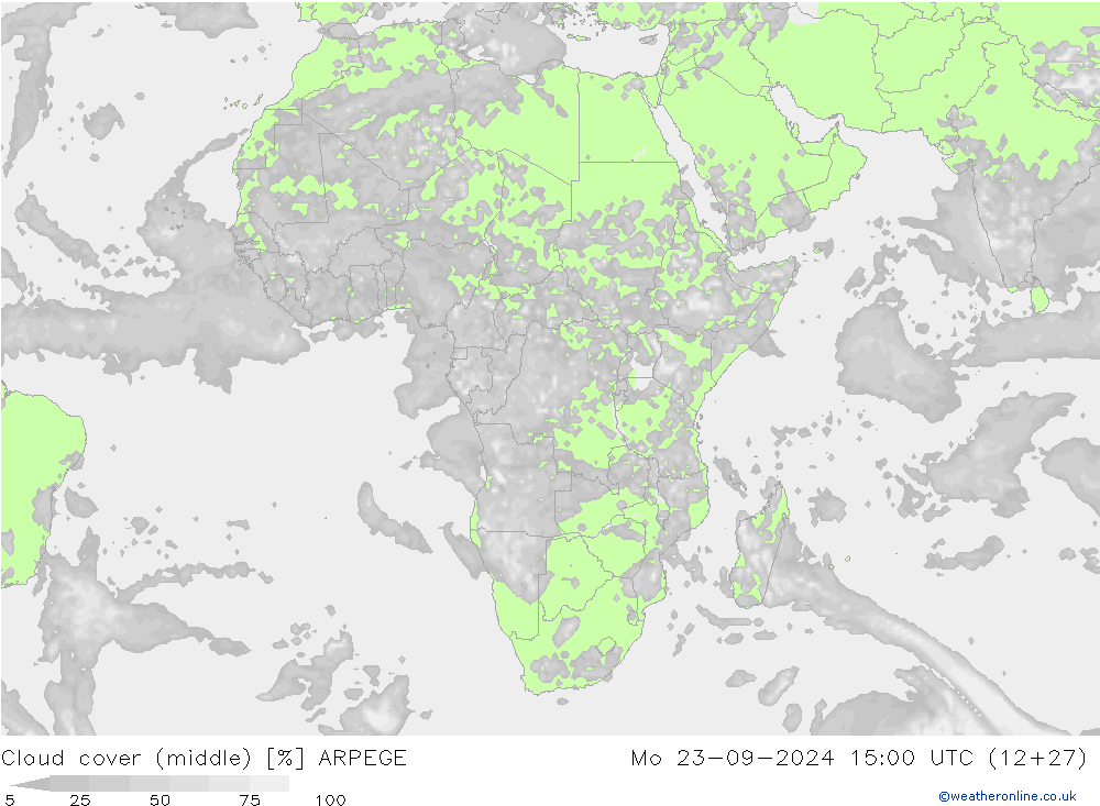Cloud cover (middle) ARPEGE Mo 23.09.2024 15 UTC