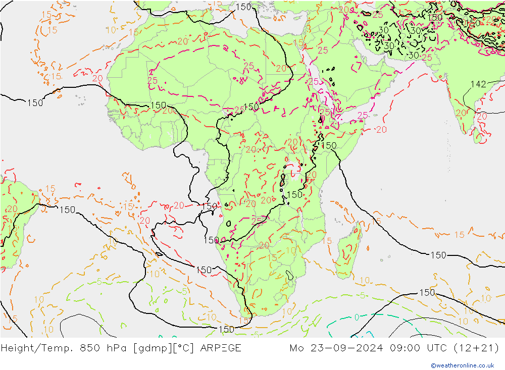 Height/Temp. 850 hPa ARPEGE Mo 23.09.2024 09 UTC