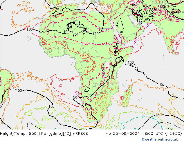 Hoogte/Temp. 850 hPa ARPEGE ma 23.09.2024 18 UTC