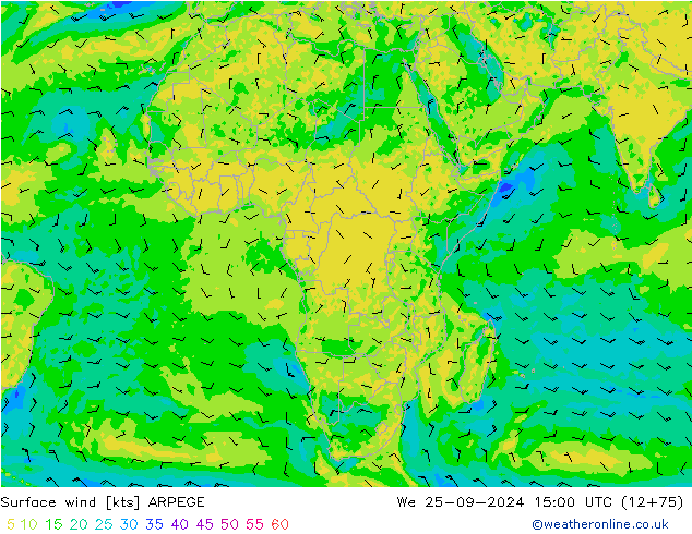 Viento 10 m ARPEGE mié 25.09.2024 15 UTC