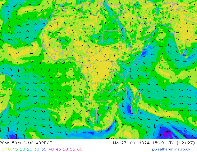 Wind 50m ARPEGE Mo 23.09.2024 15 UTC