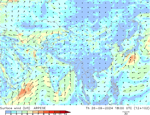 Vento 10 m (bft) ARPEGE gio 26.09.2024 18 UTC