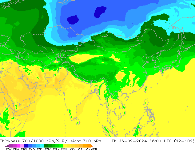 Thck 700-1000 hPa ARPEGE Qui 26.09.2024 18 UTC