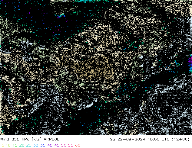 Wind 850 hPa ARPEGE Su 22.09.2024 18 UTC