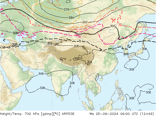 Height/Temp. 700 гПа ARPEGE ср 25.09.2024 06 UTC