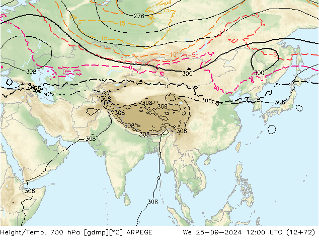 Height/Temp. 700 hPa ARPEGE St 25.09.2024 12 UTC