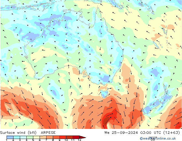 Surface wind (bft) ARPEGE We 25.09.2024 03 UTC