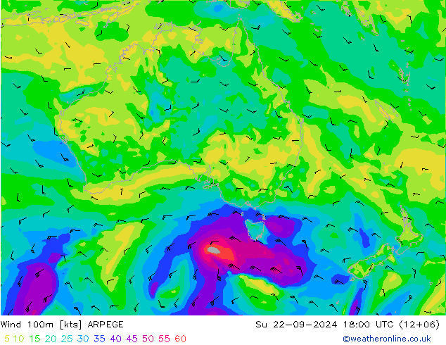 Vento 100m ARPEGE dom 22.09.2024 18 UTC