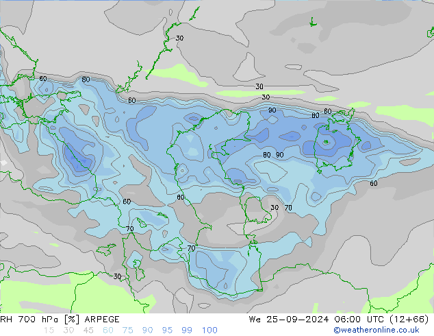 Humedad rel. 700hPa ARPEGE mié 25.09.2024 06 UTC