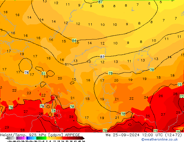 Height/Temp. 925 hPa ARPEGE śro. 25.09.2024 12 UTC