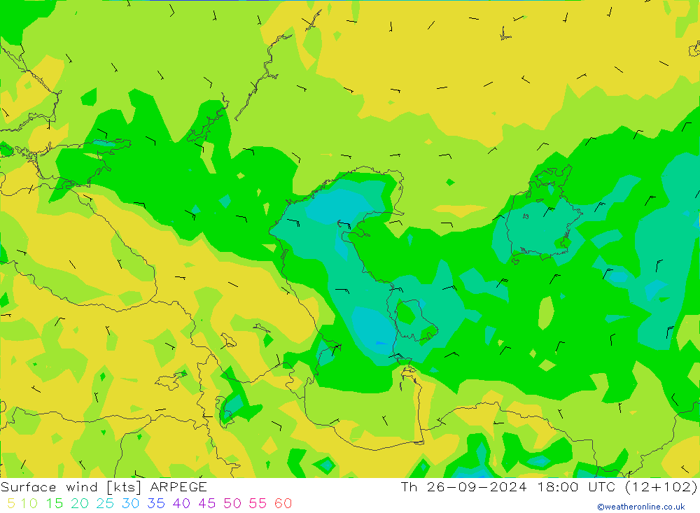 Vent 10 m ARPEGE jeu 26.09.2024 18 UTC