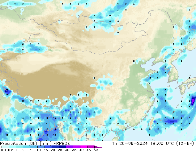 降水量 (6h) ARPEGE 星期四 26.09.2024 00 UTC