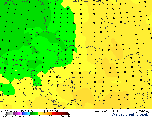 SLP/Temp. 850 hPa ARPEGE Tu 24.09.2024 18 UTC