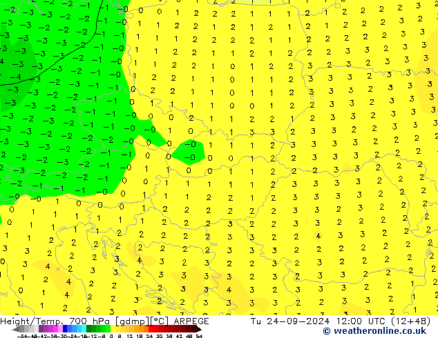 Height/Temp. 700 hPa ARPEGE Tu 24.09.2024 12 UTC