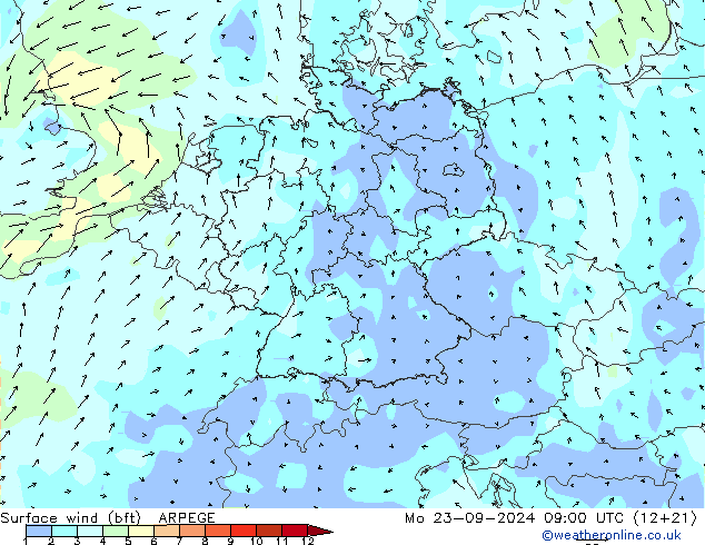 Bodenwind (bft) ARPEGE Mo 23.09.2024 09 UTC