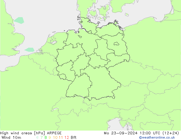 High wind areas ARPEGE Mo 23.09.2024 12 UTC