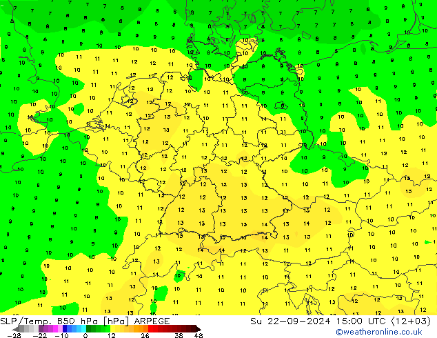 SLP/Temp. 850 hPa ARPEGE Su 22.09.2024 15 UTC