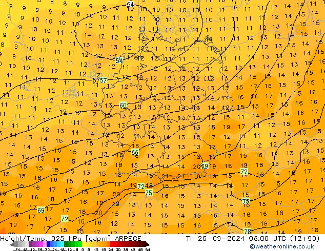 Height/Temp. 925 гПа ARPEGE чт 26.09.2024 06 UTC