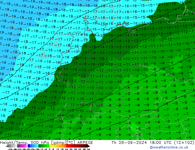 Height/Temp. 500 hPa ARPEGE Čt 26.09.2024 18 UTC