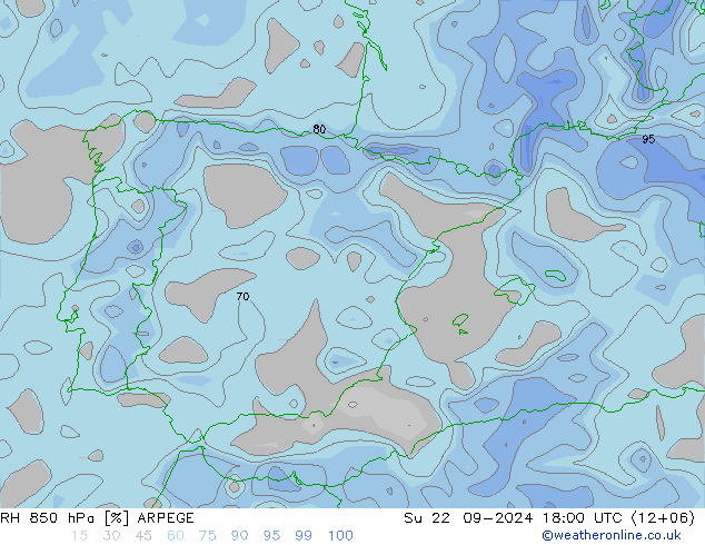 RH 850 hPa ARPEGE Su 22.09.2024 18 UTC