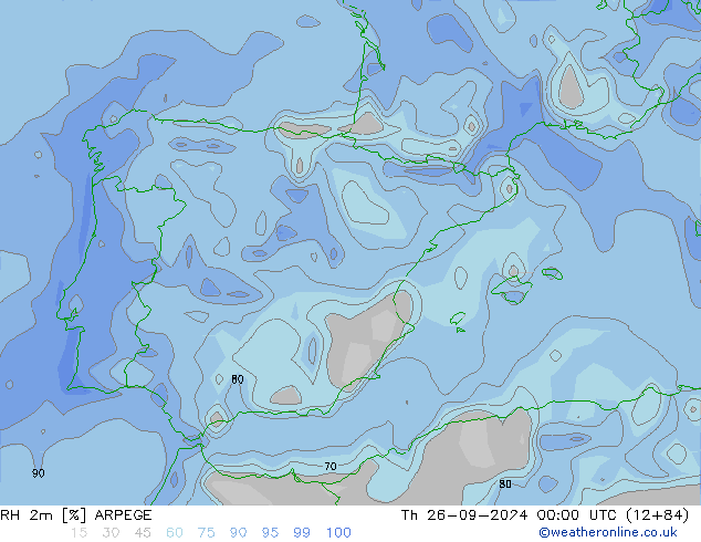 Humidité rel. 2m ARPEGE jeu 26.09.2024 00 UTC