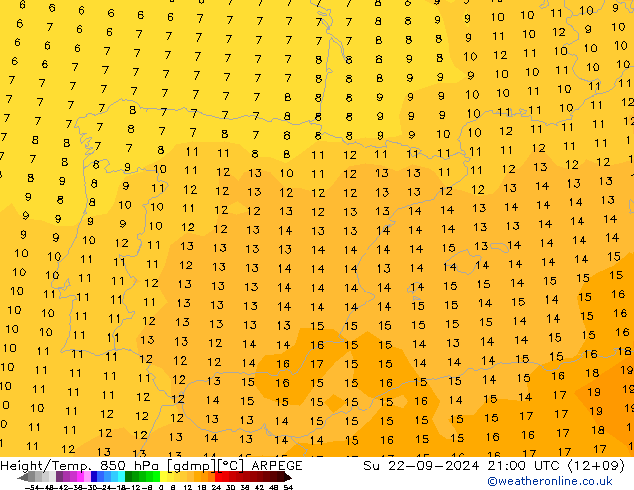 Hoogte/Temp. 850 hPa ARPEGE zo 22.09.2024 21 UTC