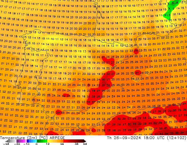 température (2m) ARPEGE jeu 26.09.2024 18 UTC