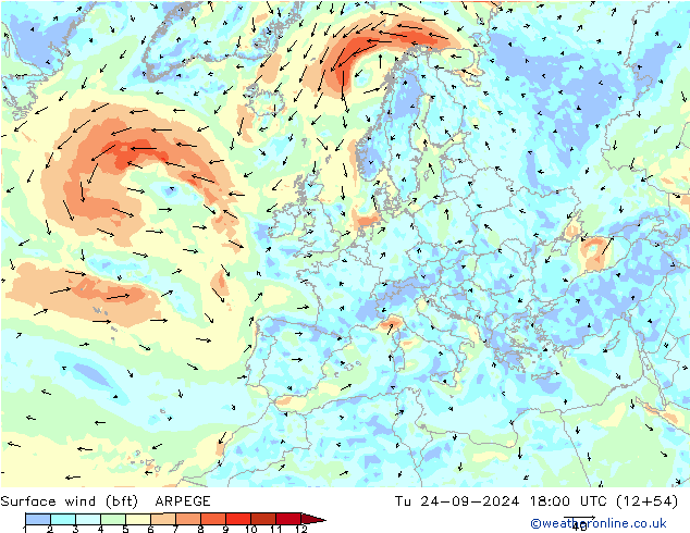 Surface wind (bft) ARPEGE Út 24.09.2024 18 UTC