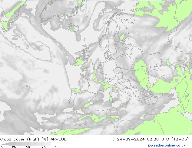 Bewolking (Hoog) ARPEGE di 24.09.2024 00 UTC