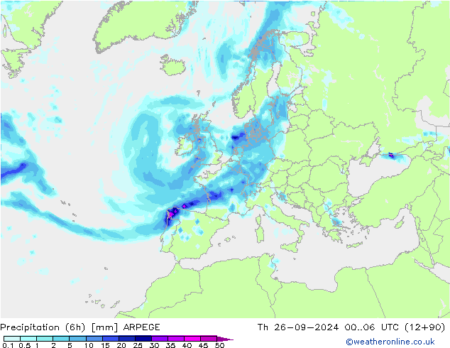 Precipitazione (6h) ARPEGE gio 26.09.2024 06 UTC