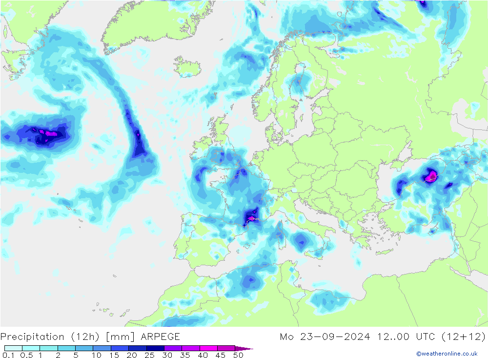 Totale neerslag (12h) ARPEGE ma 23.09.2024 00 UTC