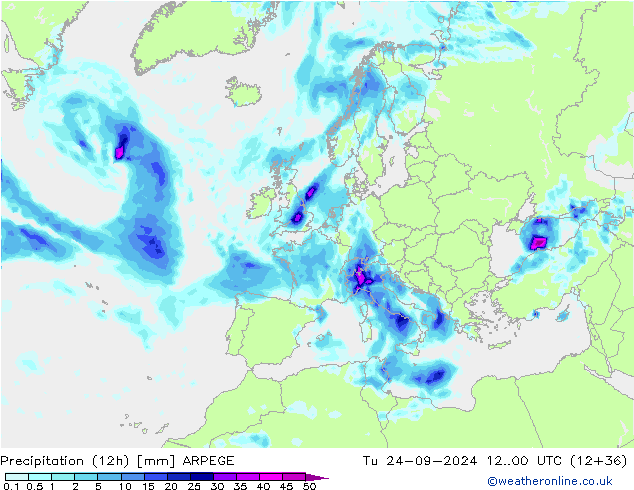 Totale neerslag (12h) ARPEGE di 24.09.2024 00 UTC