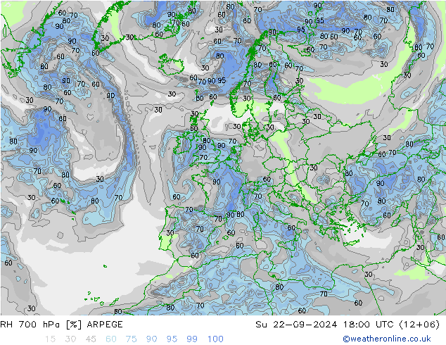 RH 700 hPa ARPEGE Su 22.09.2024 18 UTC