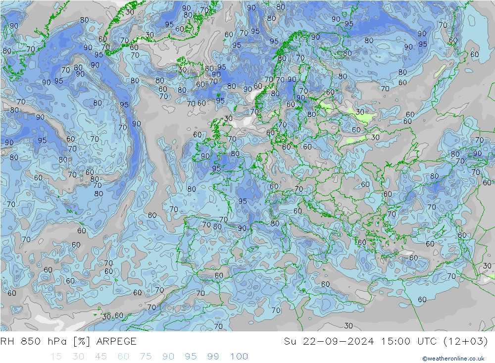 RH 850 hPa ARPEGE So 22.09.2024 15 UTC