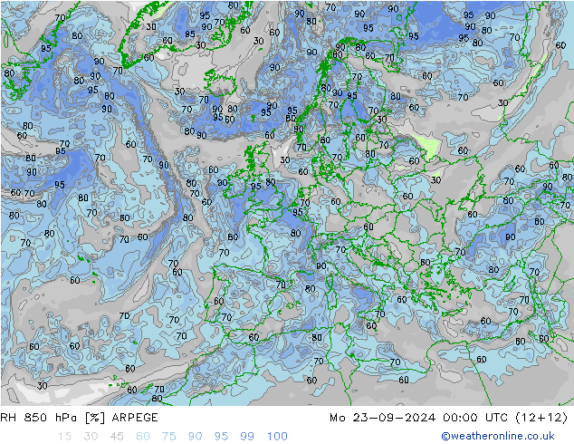 Humedad rel. 850hPa ARPEGE lun 23.09.2024 00 UTC