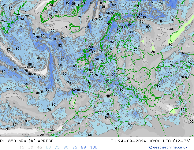 RH 850 гПа ARPEGE вт 24.09.2024 00 UTC