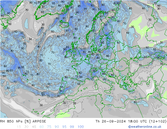 RH 850 hPa ARPEGE Th 26.09.2024 18 UTC