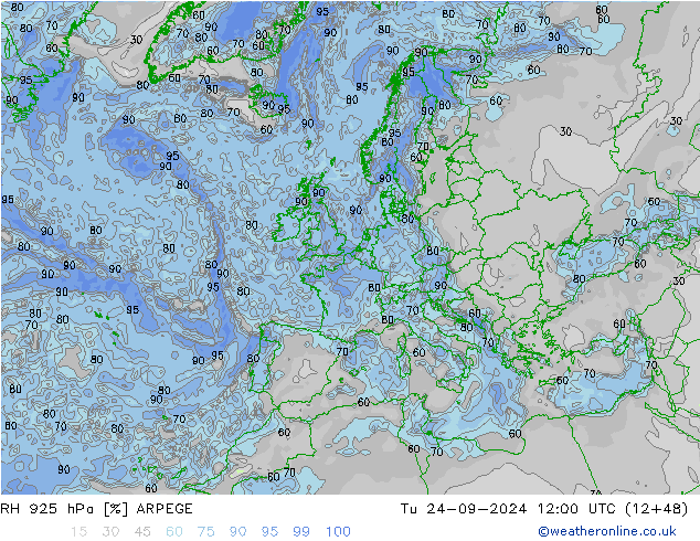 RH 925 hPa ARPEGE Tu 24.09.2024 12 UTC