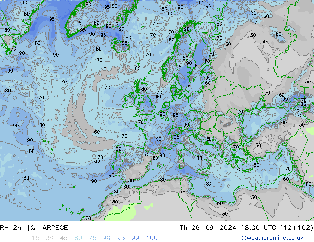 RH 2m ARPEGE Qui 26.09.2024 18 UTC