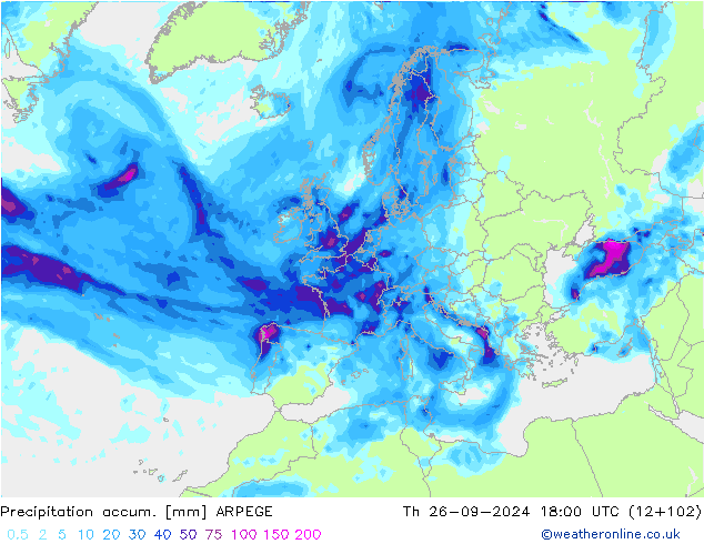 Precipitation accum. ARPEGE gio 26.09.2024 18 UTC