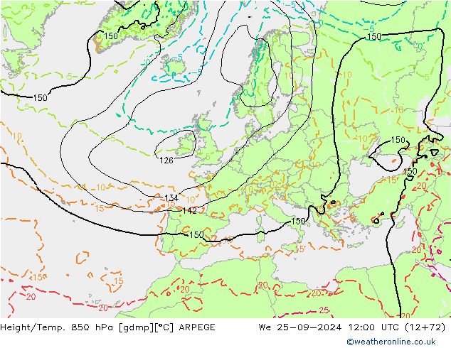 Height/Temp. 850 hPa ARPEGE 星期三 25.09.2024 12 UTC