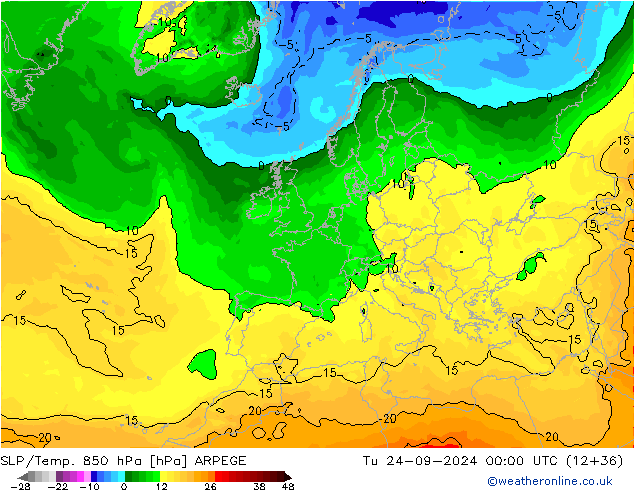 SLP/Temp. 850 hPa ARPEGE Tu 24.09.2024 00 UTC